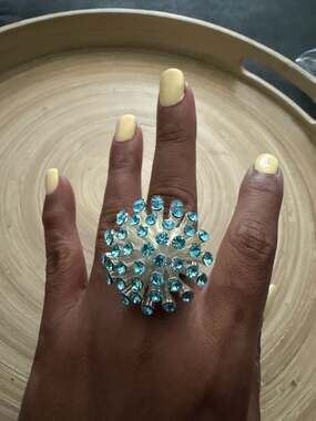 Silver Tone Blue Crystal Starburst Cocktail Ring